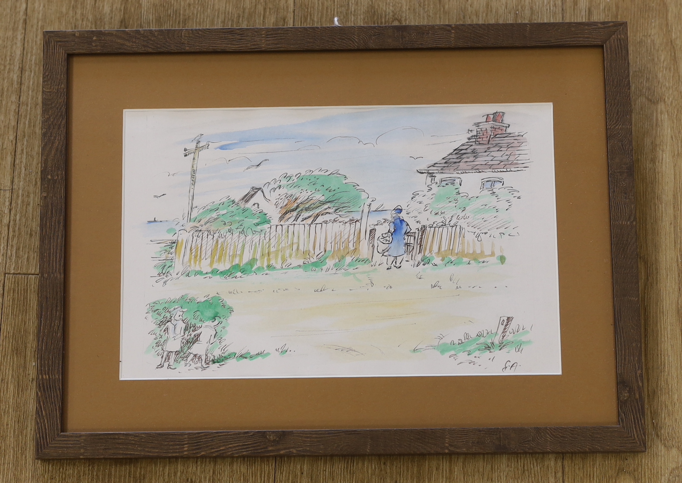 Edward Ardizzone (1900-1978) ink and watercolour, Garden scene with three figures, initialled, inscribed verso Kingsdown, Deal, c.1970, 27 x 18cm